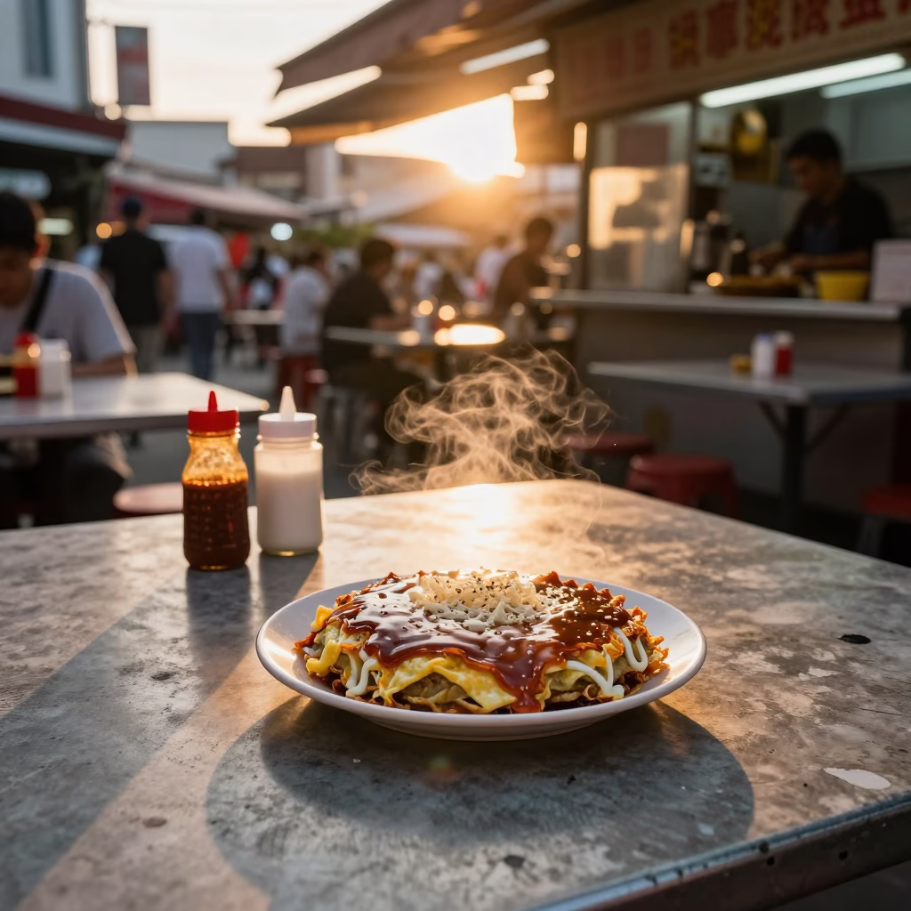 Sunset street food scene in Singapore with okonomiyaki and condiments in in Singapore, Singapore