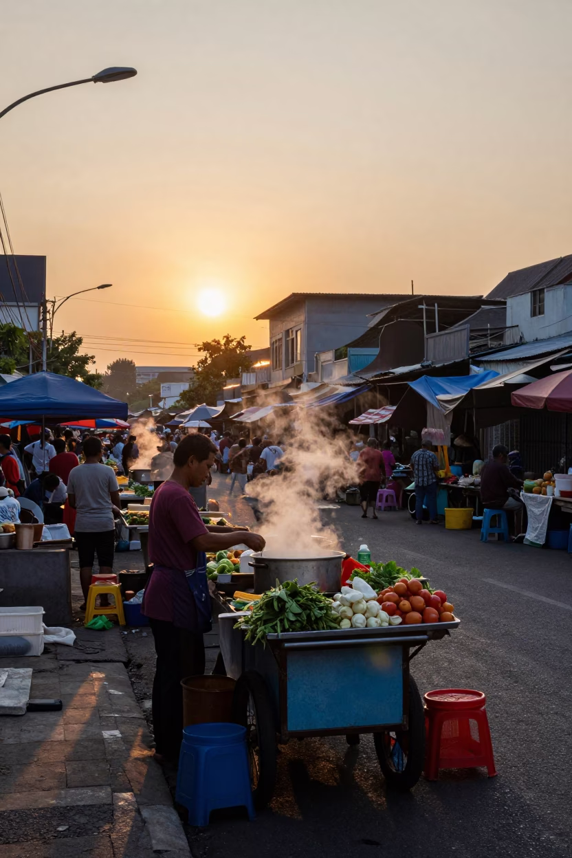 Sunset Street Food Scene in Surabaya Indonesia with Local Market Activity in in Surabaya, Indonesia