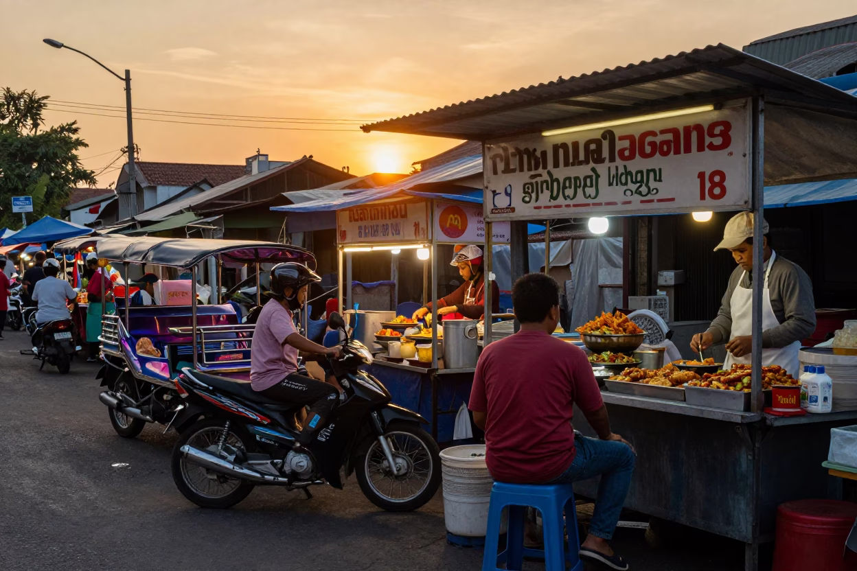 Sunset Street Food Scene in Surabaya Indonesia with Night Market Vendors and Local Diners in in Surabaya, Indonesia