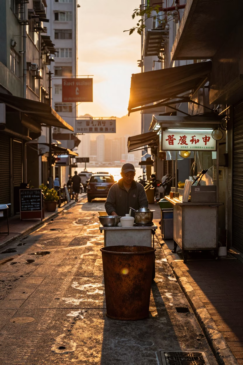 Sunset Street Food Stall in Hong Kong Alley with Rusty Cup and Neon Signs in in Hong Kong, Hong Kong
