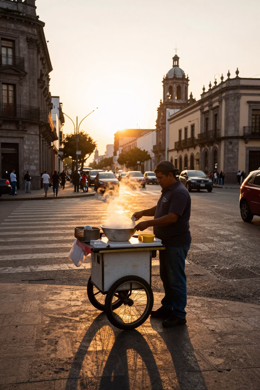 Sunset Street Food Vendor in Mexico City with Steaming Bowl of Pho in in Mexico City, Mexico