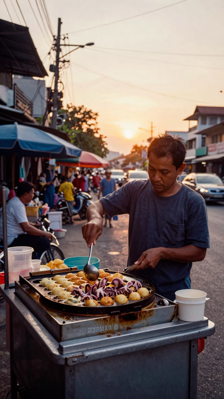 Sunset Street Food Vendor in Phnom Penh Cambodia with Takoyaki and Ladle in in Phnom Penh, Cambodia