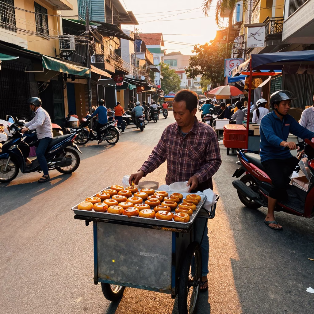 Sunset Street Food Vendor Selling Loukoumades in Ho Chi Minh City Vietnam in in Ho Chi Minh City, Vietnam