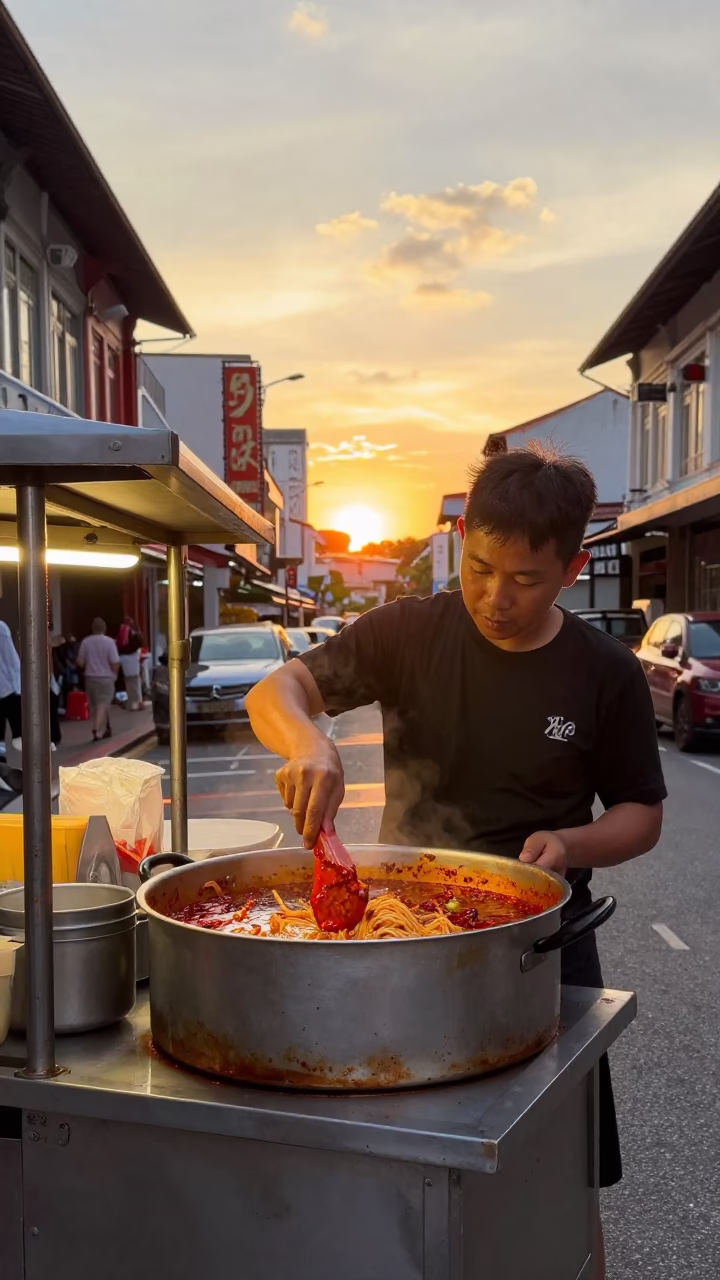 Sunset Street Food Vendor Serving Bibim Guksu in Singapore Chinatown in in Singapore, Singapore