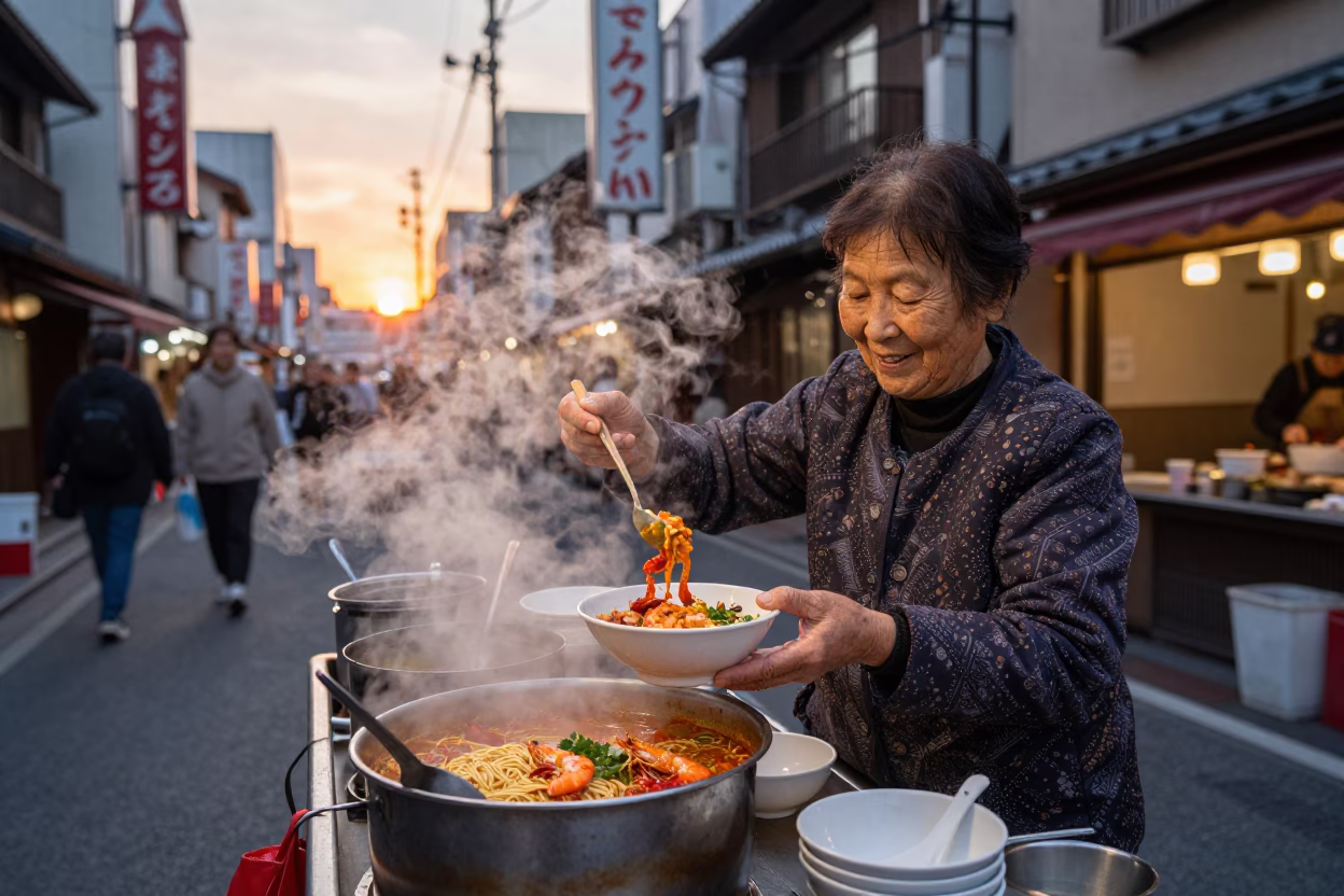 Sunset street food vendor serving noodles in Osaka Japan evening in in Osaka, Japan