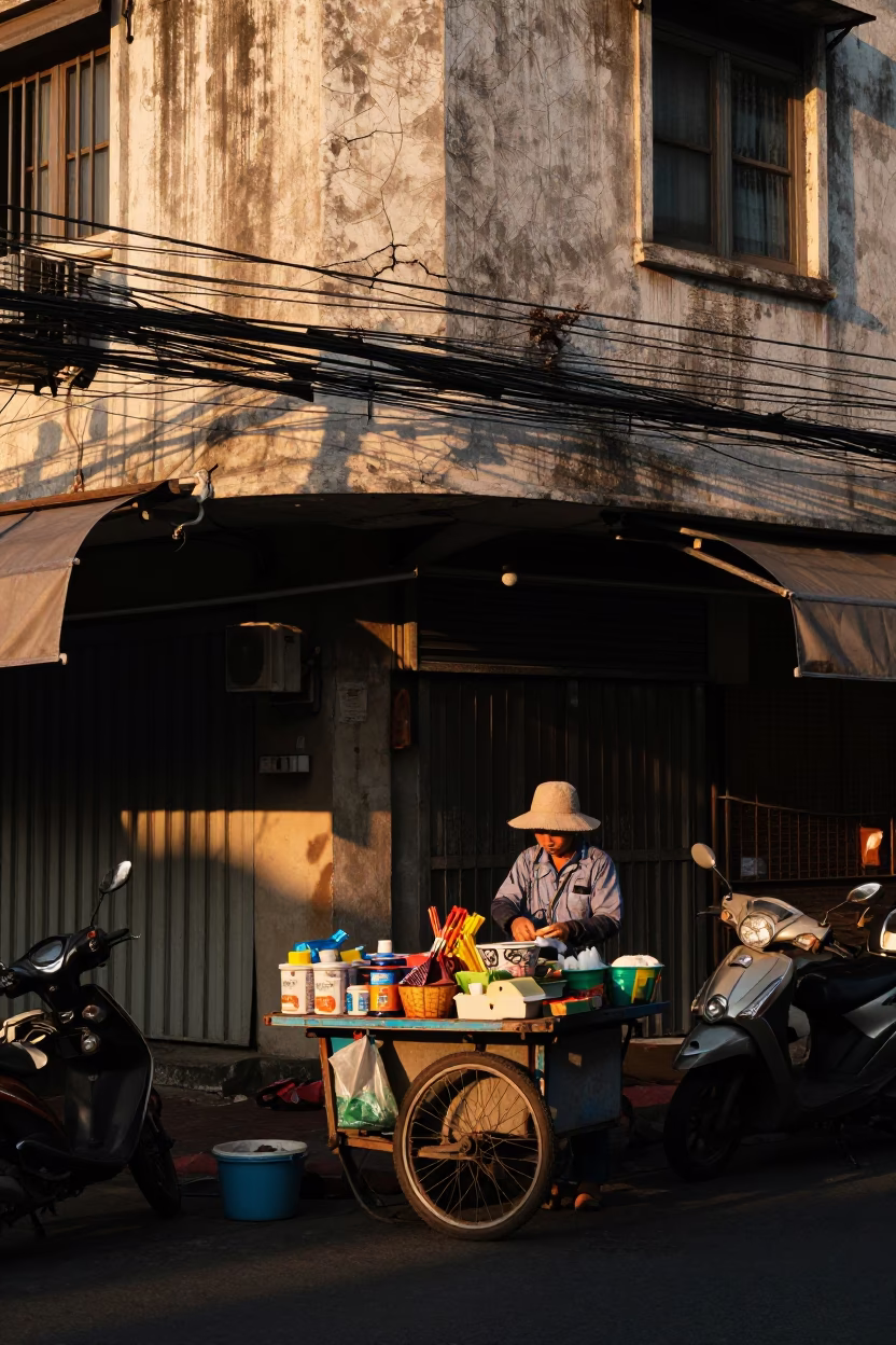 Sunset Street Life in Bangkok Thailand with Cracked Stucco and Daily Objects in in Bangkok, Thailand
