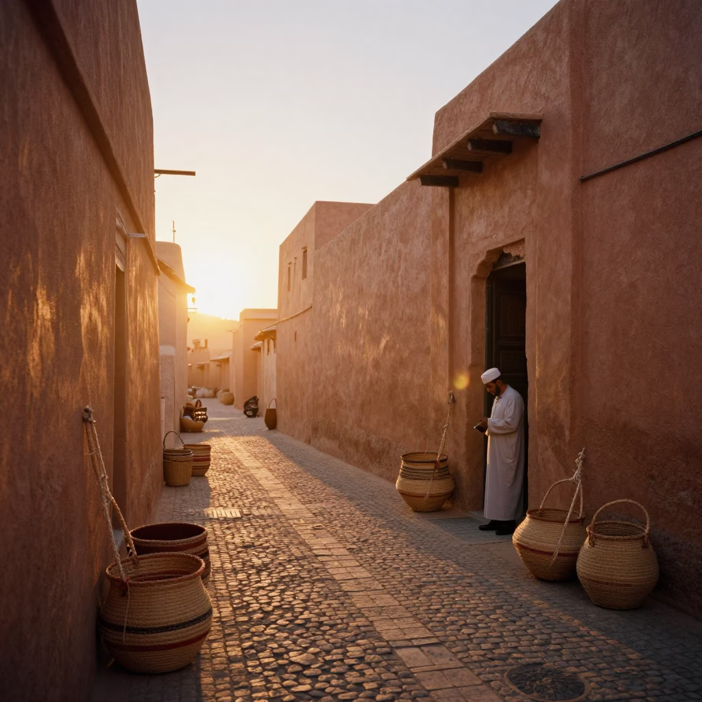 Sunset Street Life in Fez Morocco with Woven Baskets and Twine Details in in Fez, Morocco
