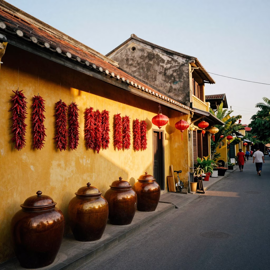 Sunset Street Life in Hoi An Vietnam with Spice Jars and Lanterns in in Hoi An, Vietnam