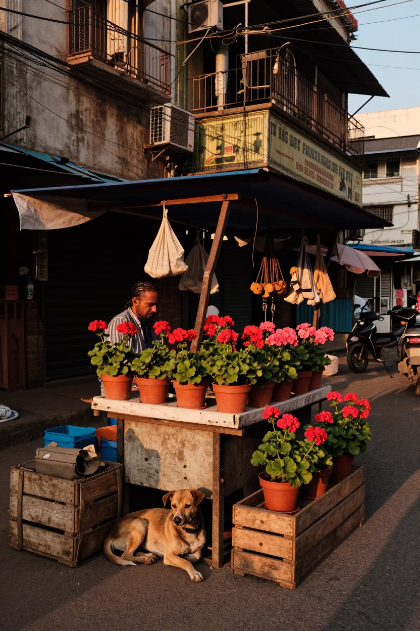 Sunset Street Life in Kolkata India with Potted Geraniums and a Dog in in Kolkata, India