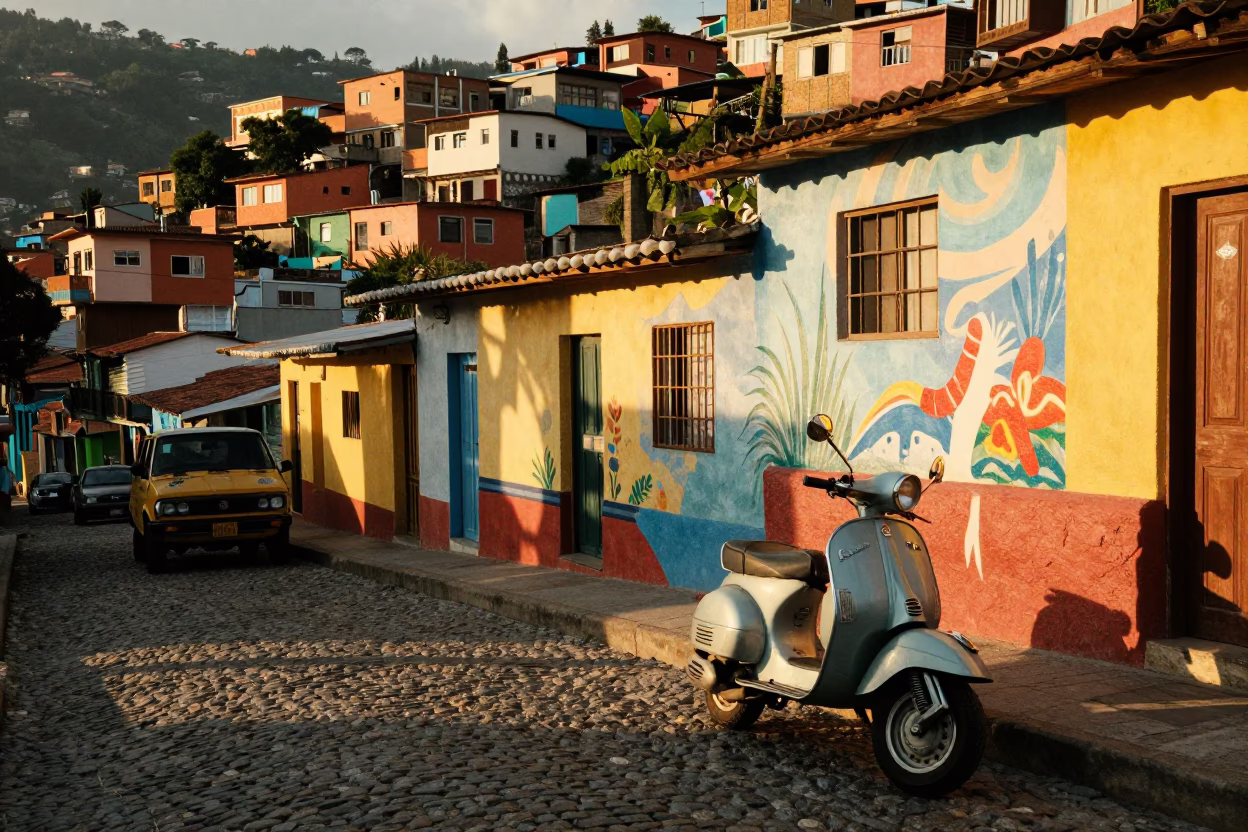 Sunset Street Life in Medellin Colombia with Vintage Vespa on Cobblestone Lane in in Medellin, Colombia