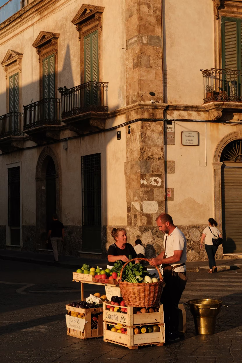 Sunset Street Life in Palermo Italy with Wicker Basket and Brass Details in in Palermo, Italy