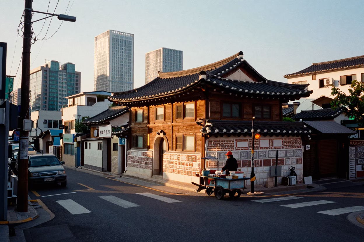 Sunset Street Life in Seoul South Korea with Traditional and Modern Elements in in Seoul, South Korea