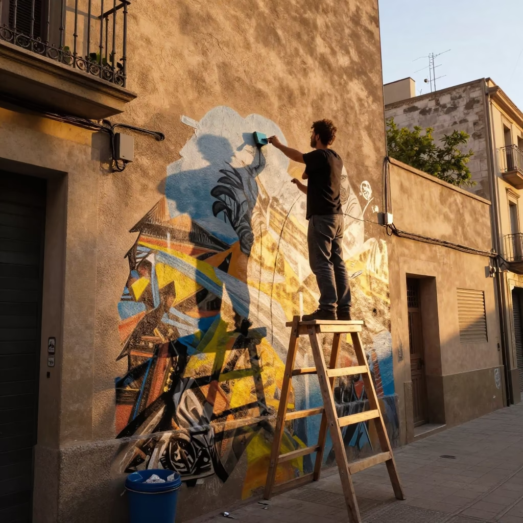 Sunset street mural painting artist Barcelona Spain candid moment in in Barcelona, Spain