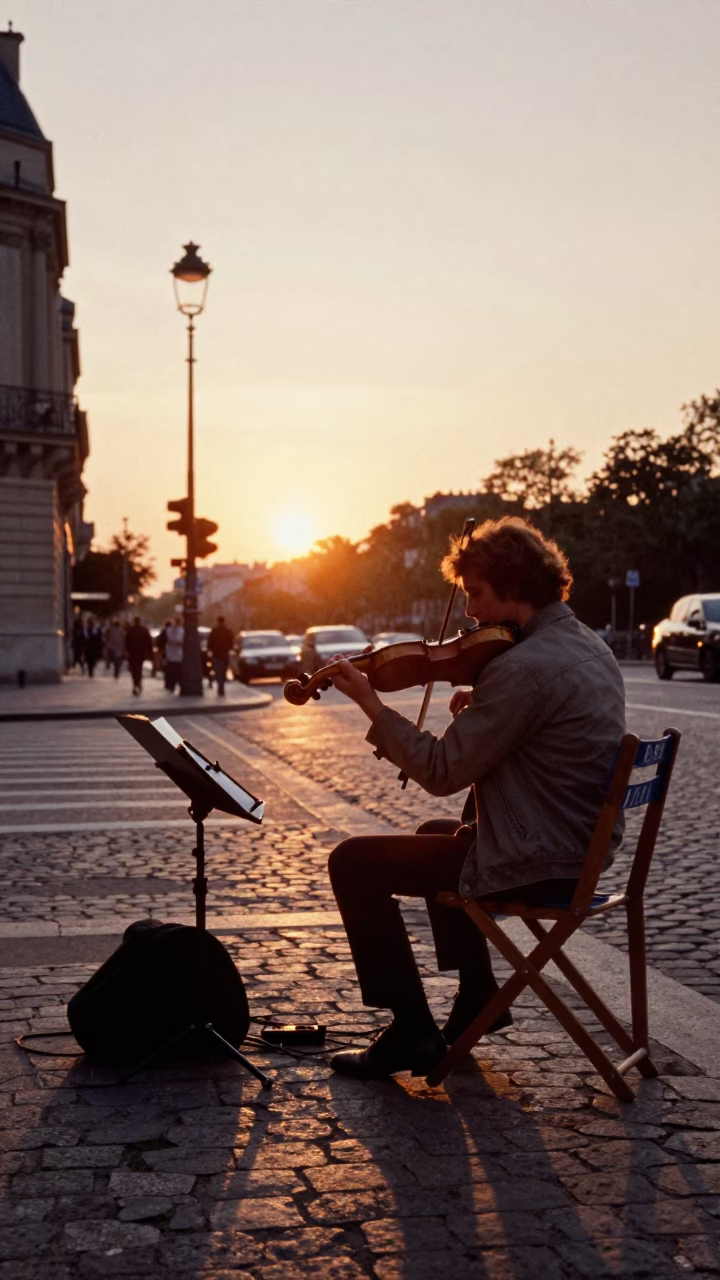 Sunset Street Musician in Paris France with Violin and Deck Chair in in Paris, France