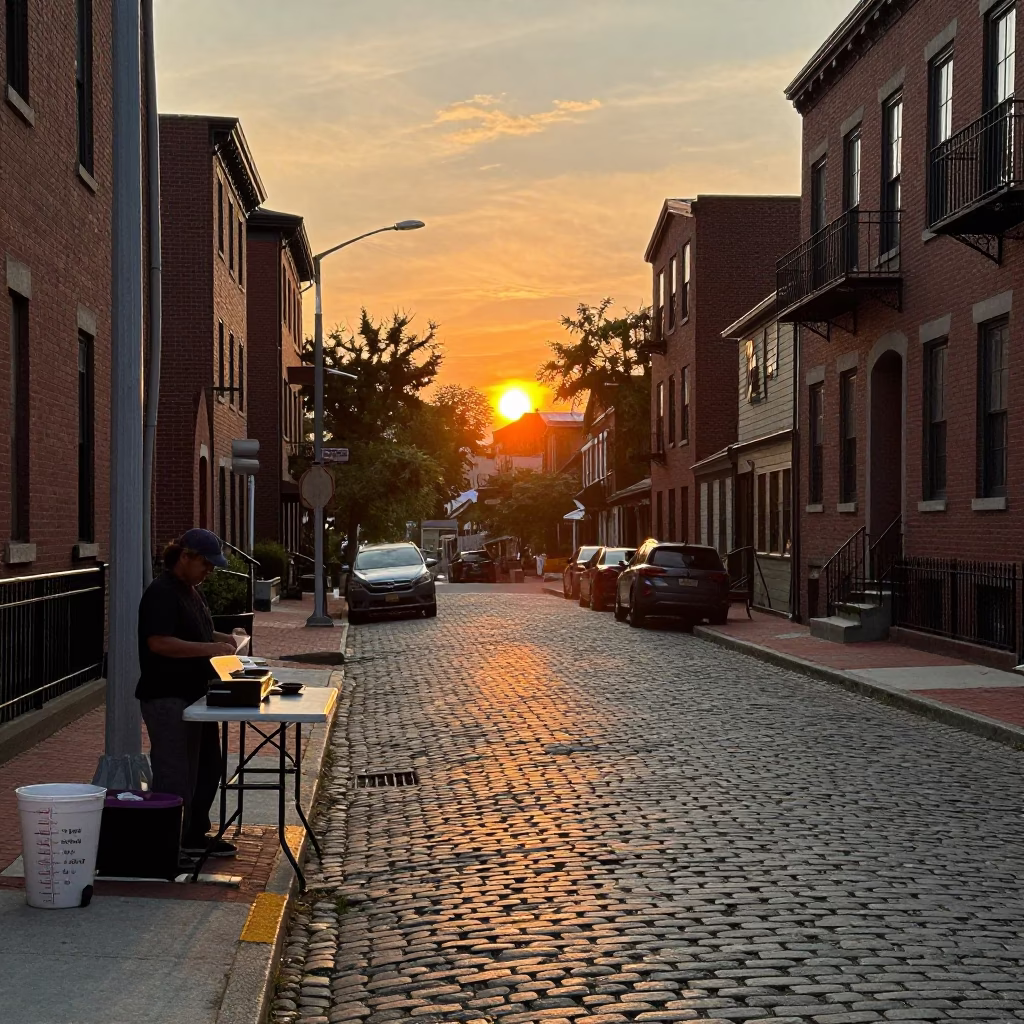 Sunset Street Photography in Boston Massachusetts with Measuring Cup and Oven Mitt in in Boston, Massachusetts, United States