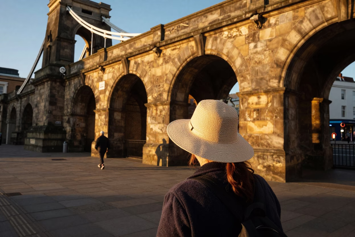 Sunset Street Photography in Bristol UK Featuring Vintage Sun Hat and Local Architecture in in Bristol, United Kingdom