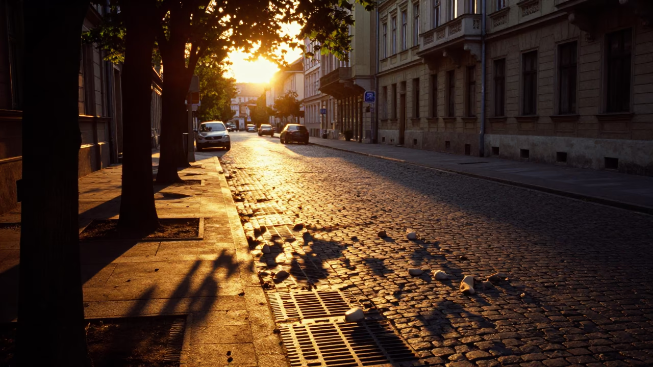 Sunset Street Photography in Budapest Hungary Showing Leaf Shadows and Urban Details in in Budapest, Hungary