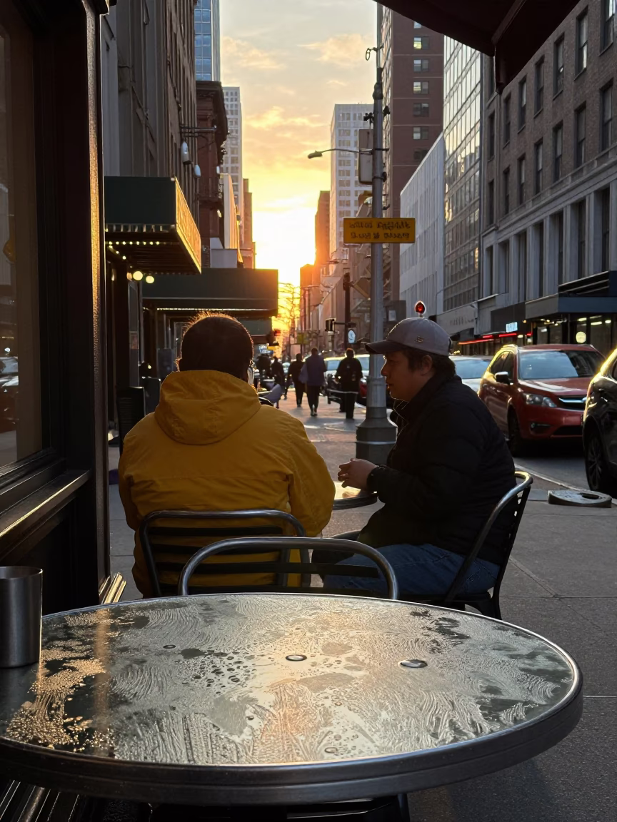 Sunset Street Photography in New York City Featuring Condensation on a Cafe Table in in New York, New York, United States