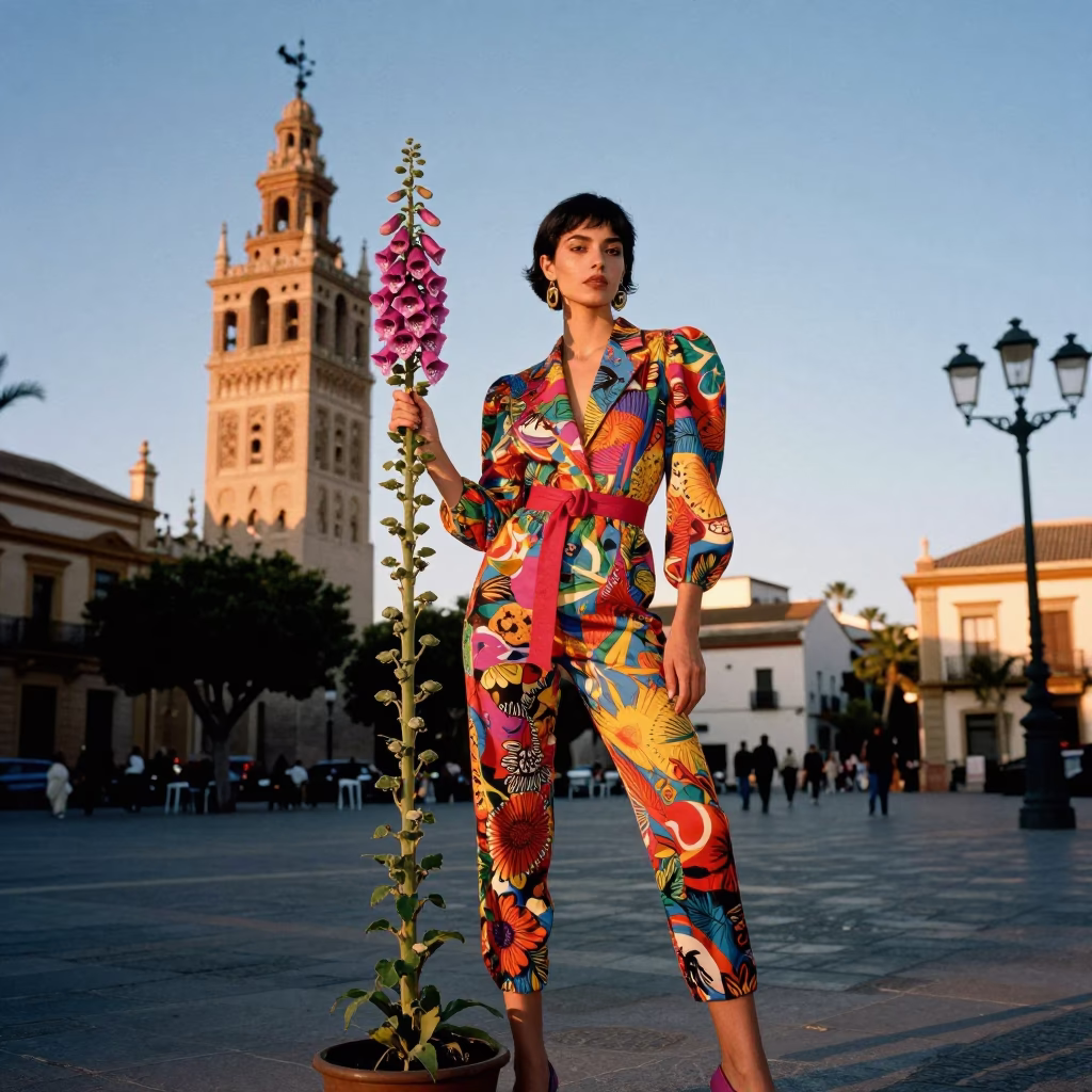 Sunset Street Photography in Valencia Spain High Fashion Model with Foxglove and Schipperke in in Valencia, Spain