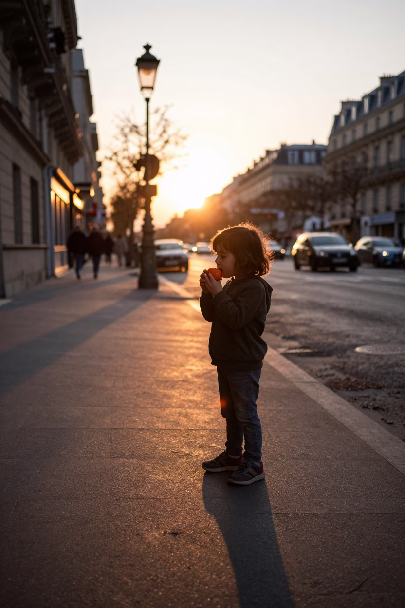 Sunset Street Photography of a Child Eating Persimmons in Paris France in in Paris, France