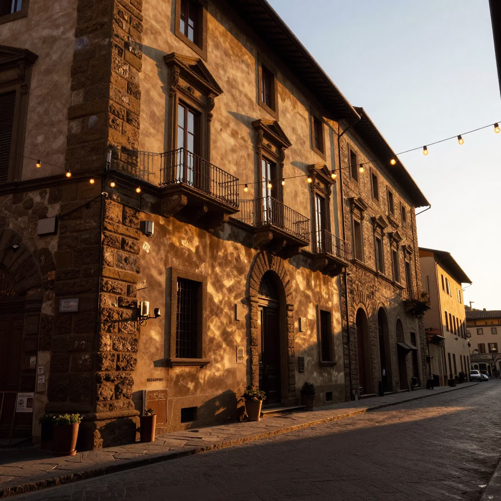 Sunset Street Photography of Florence Italy with String Lights and Traditional Architecture in in Florence, Italy