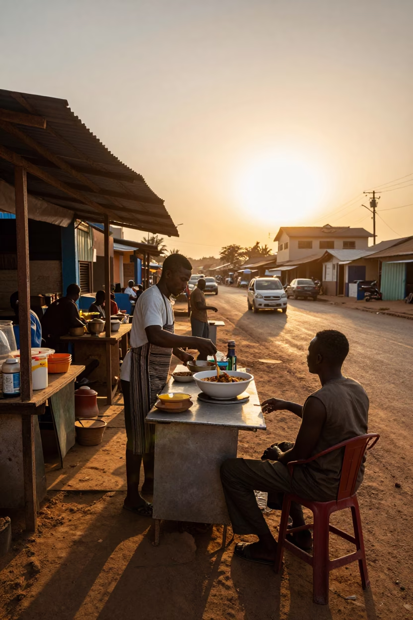 Sunset Street Scene in Accra Ghana with Calulu Stew and Daily Life in in Accra, Ghana