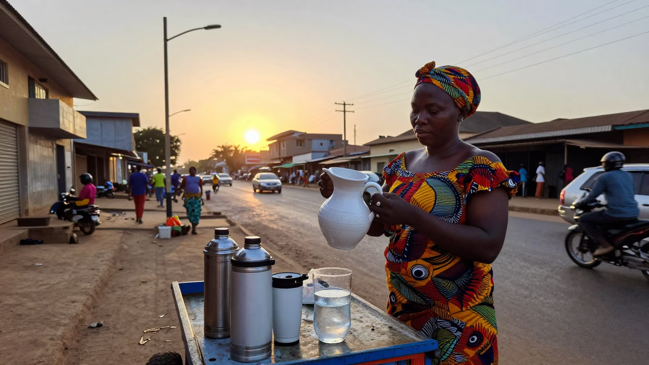 Sunset Street Scene in Accra Ghana with Ceramic Pitcher and Thermos in in Accra, Ghana