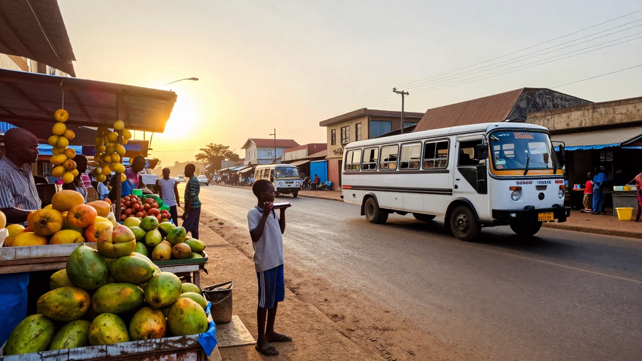 Sunset Street Scene in Accra Ghana with Child Holding Harmonica in in Accra, Ghana