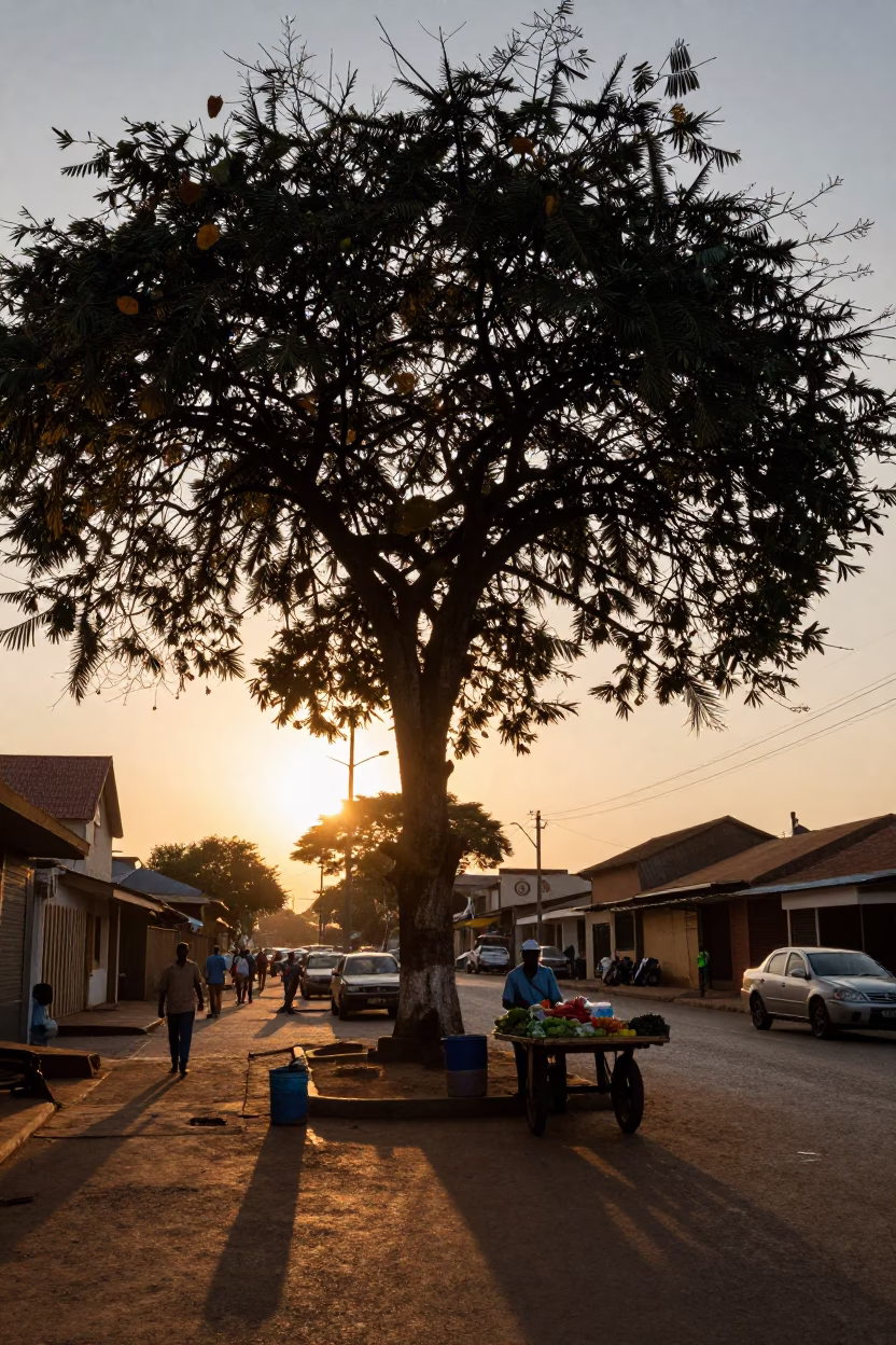 Sunset Street Scene in Accra Ghana with Copper Beech Tree and Local Market Activity in in Accra, Ghana