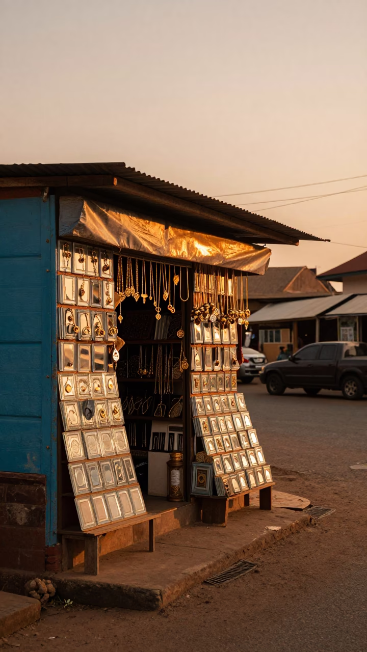 Sunset Street Scene in Accra Ghana with Gold Jewelry and Glass Shop Display in in Accra, Ghana