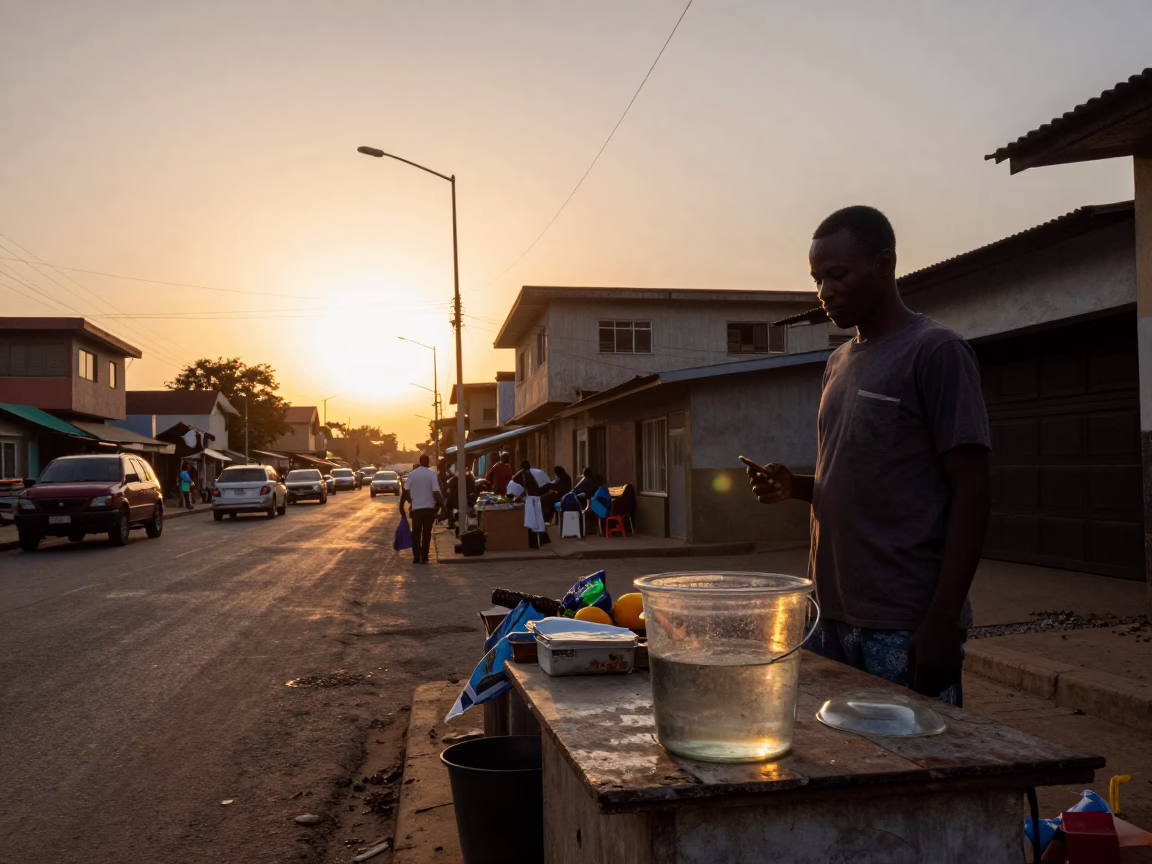 Sunset Street Scene in Accra Ghana with Local Vendor and Everyday Items in in Accra, Ghana