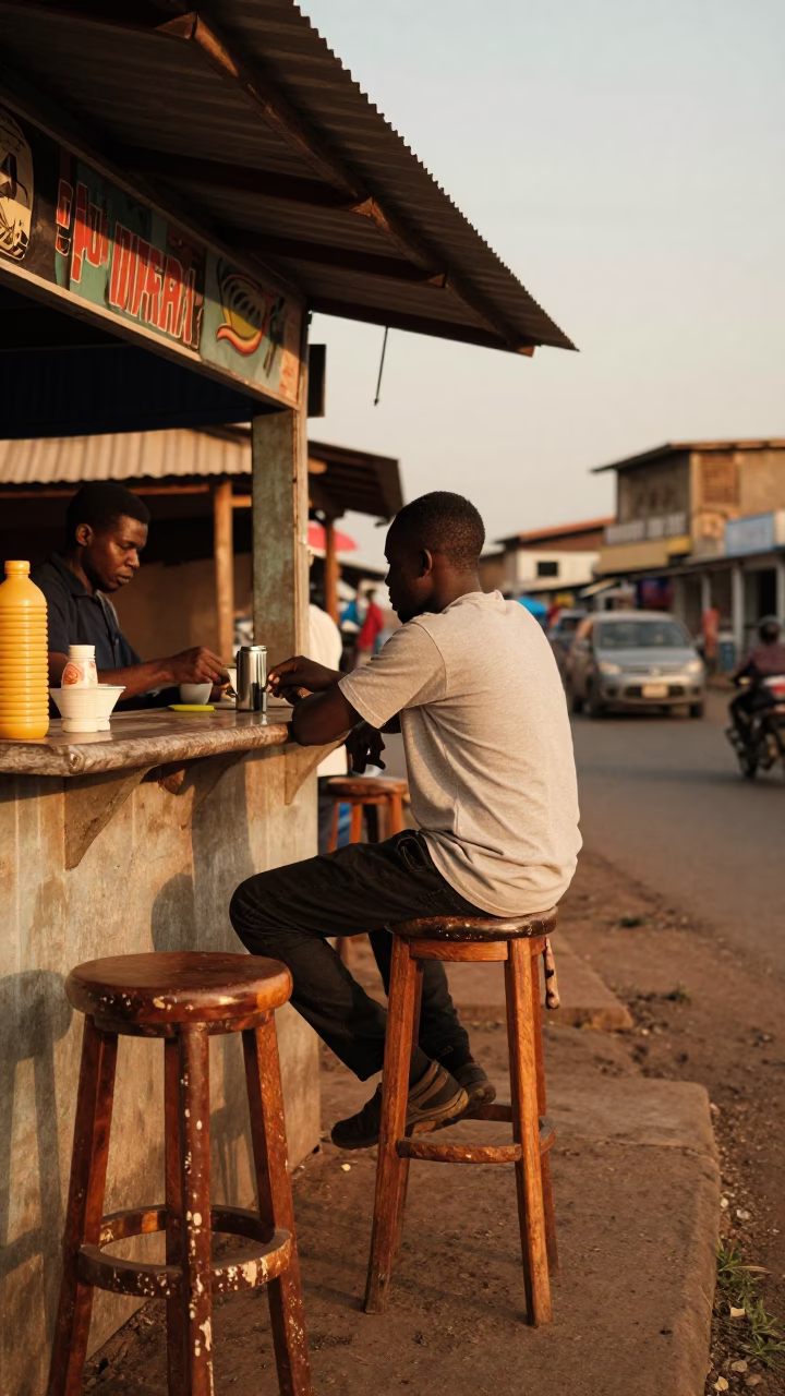 Sunset Street Scene in Accra Ghana with Wooden Bar Stools and Paint Flecks in in Accra, Ghana
