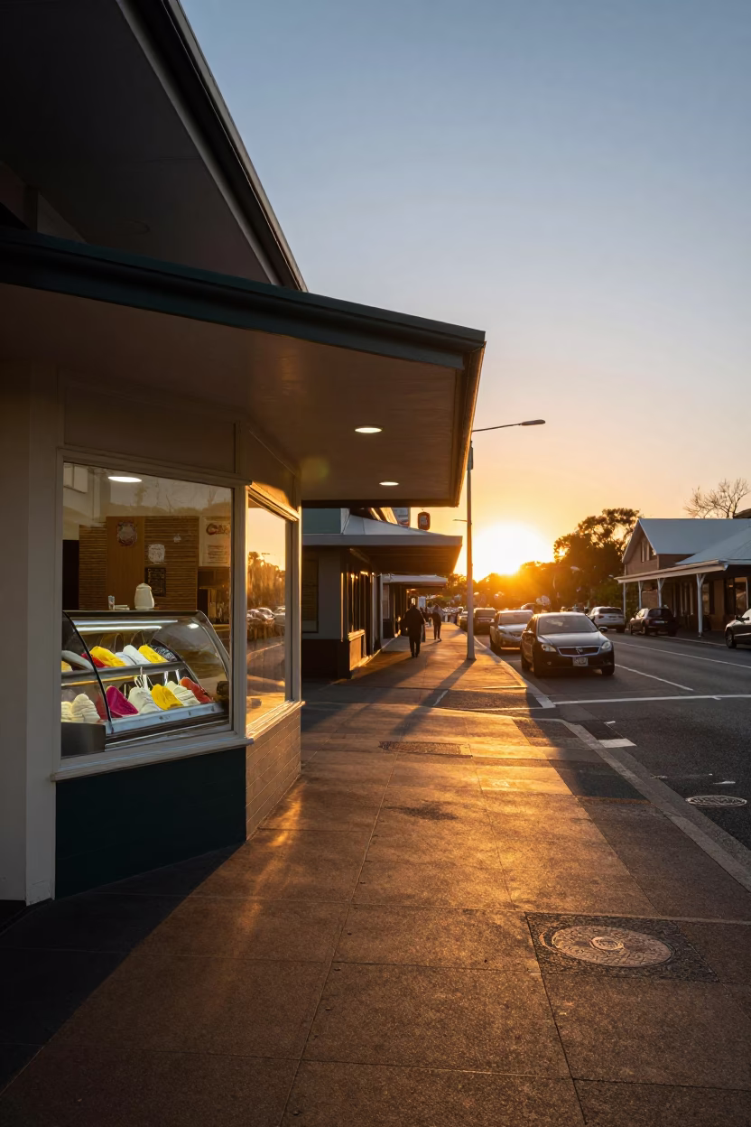 Sunset street scene in Adelaide South Australia with gelato display and local pedestrians in in Adelaide, South Australia, Australia