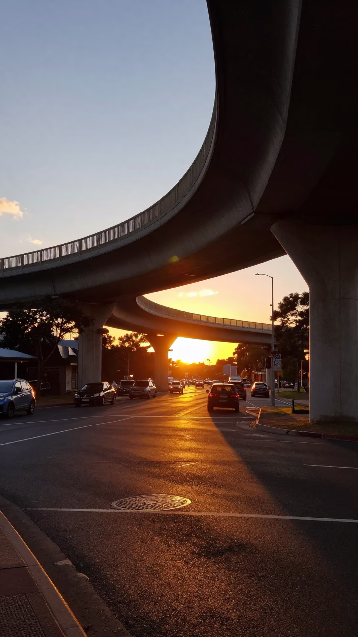 Sunset street scene in Adelaide South Australia with overpass interchange and taillight streaks in in Adelaide, South Australia, Australia