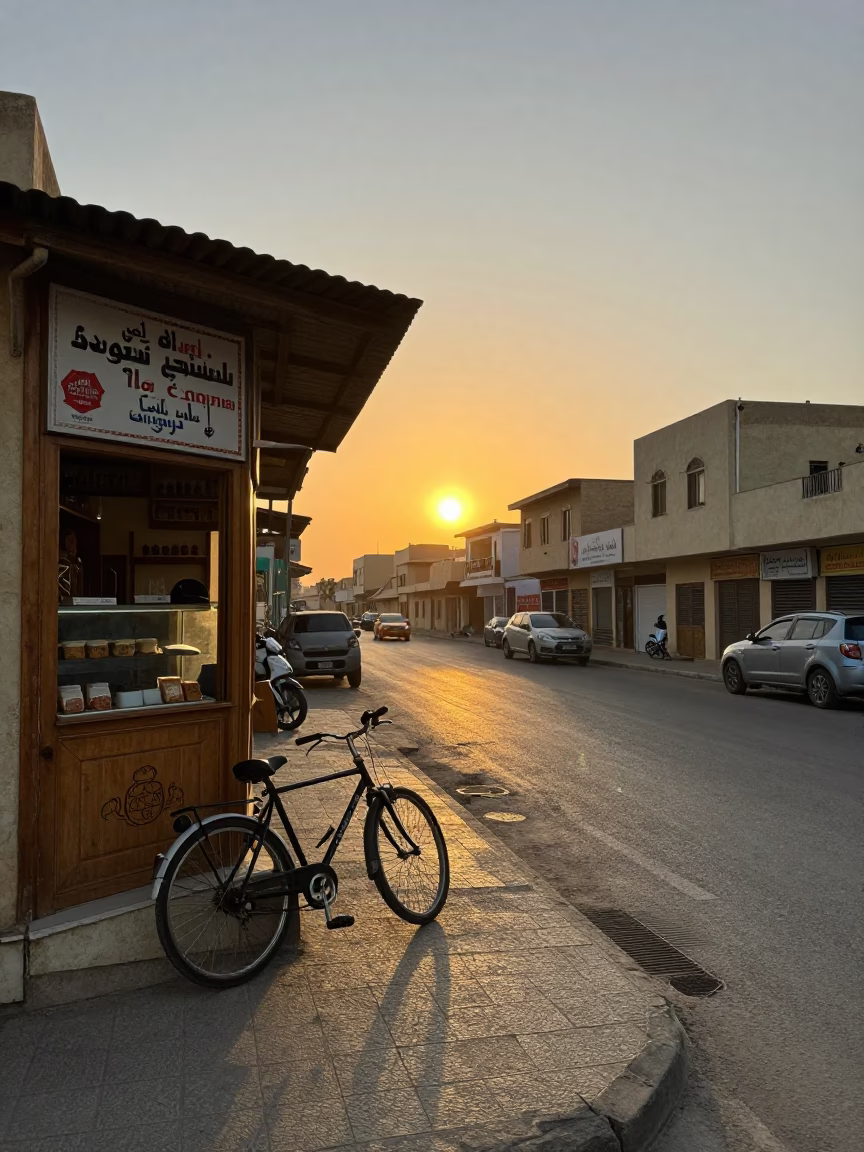 Sunset Street Scene in Alexandria Egypt with Bicycle and Local Bakery Interaction in in Alexandria, Egypt