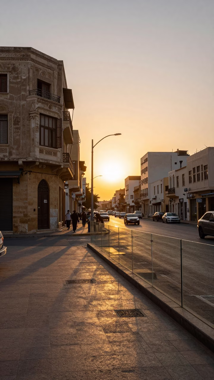 Sunset Street Scene in Alexandria Egypt with Glass Railings and Vintage Atmosphere in in Alexandria, Egypt