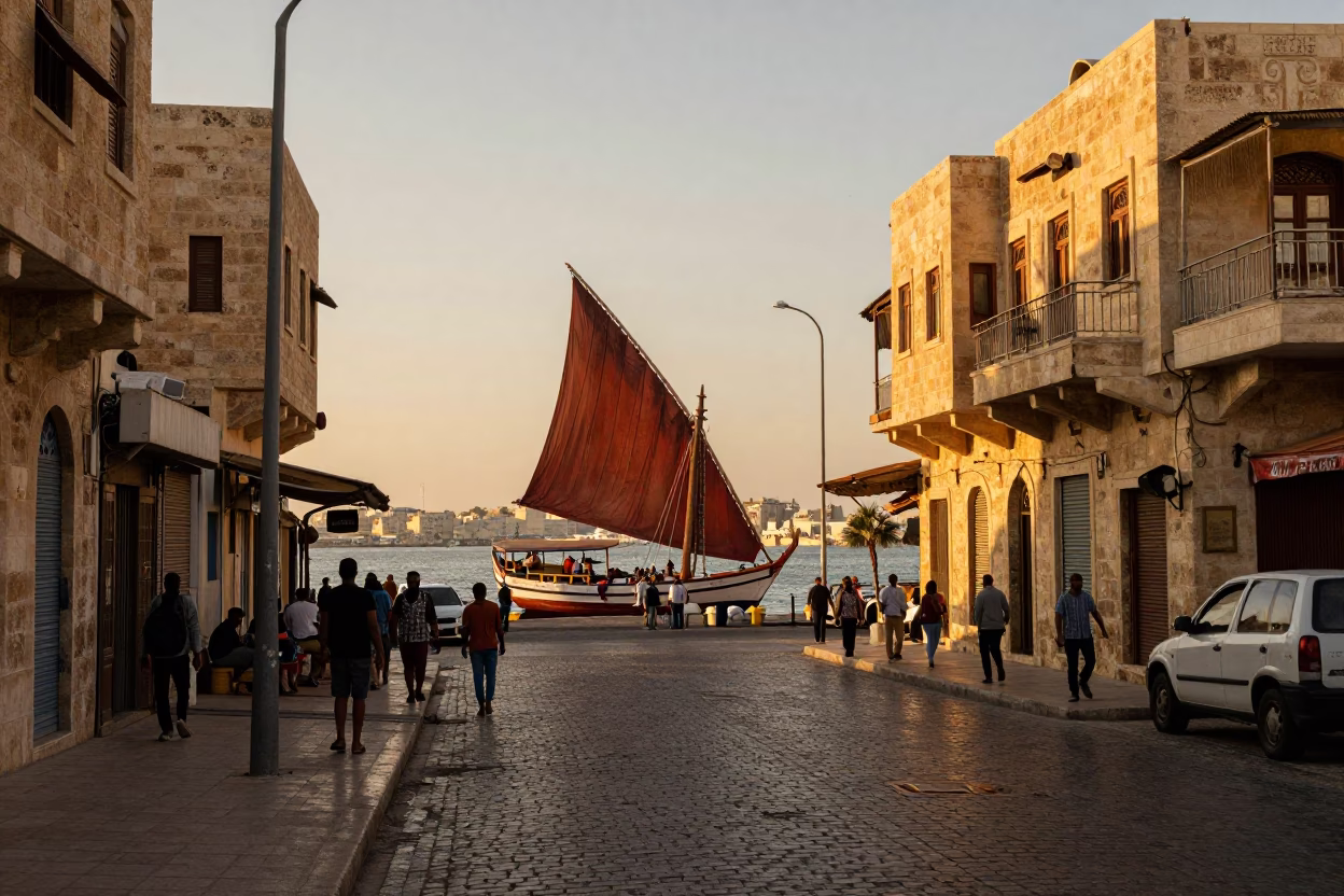 Sunset Street Scene in Alexandria Egypt with Junk Boat and Cobblestone Activity in in Alexandria, Egypt