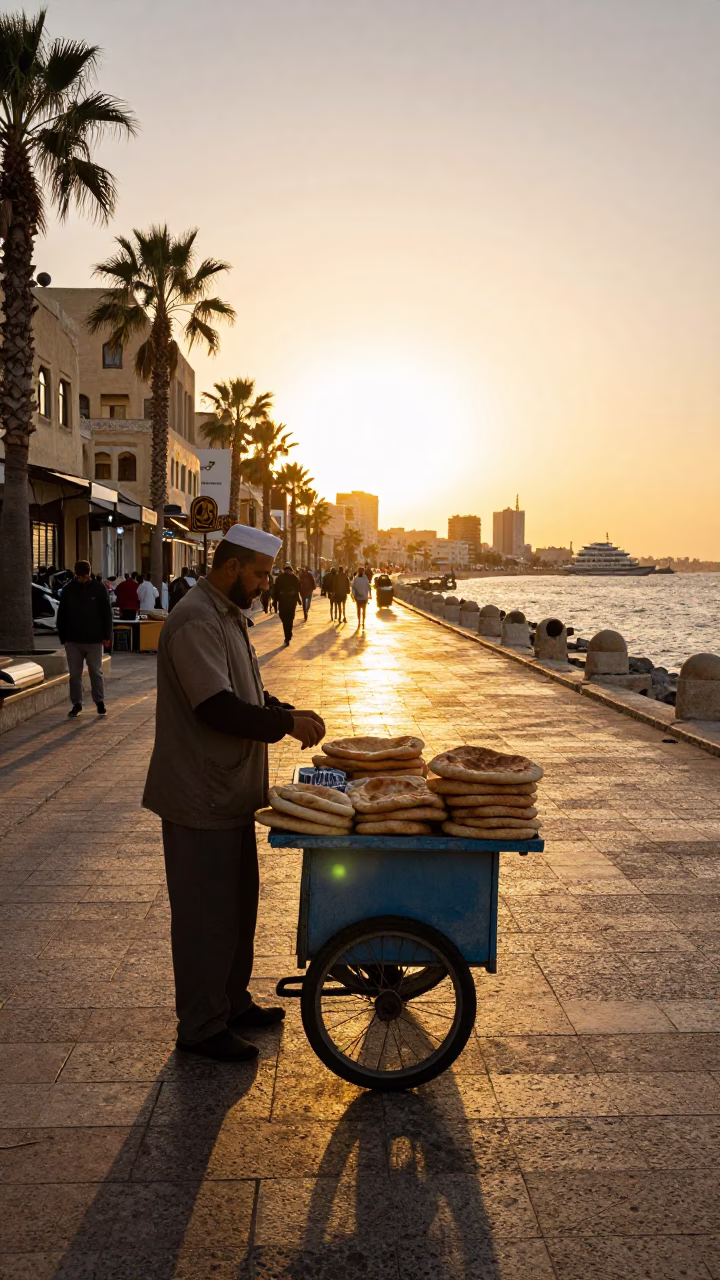 Sunset Street Scene in Alexandria Egypt with Local Vendor and Traditional Items in in Alexandria, Egypt