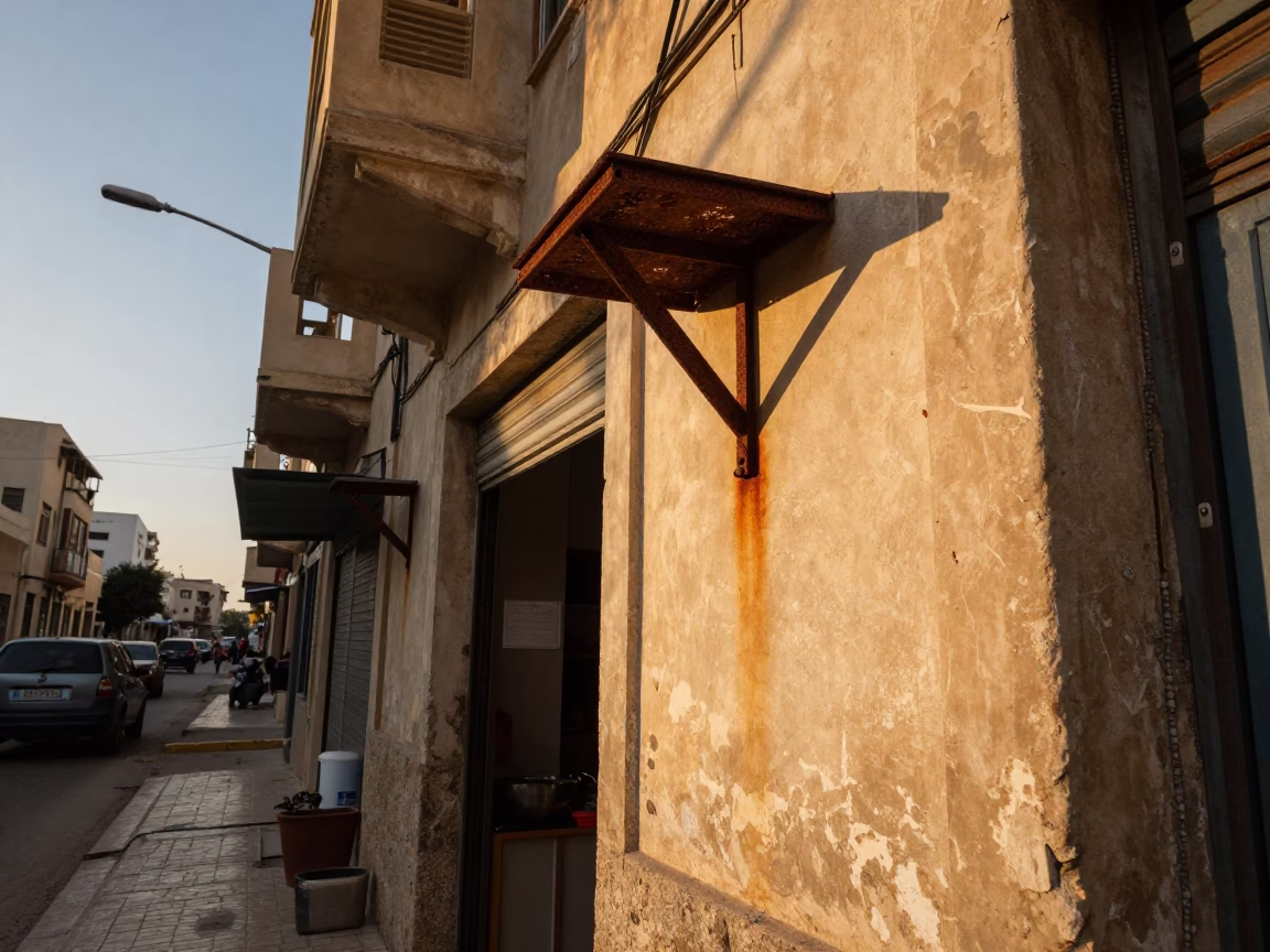 Sunset Street Scene in Alexandria Egypt with Rusty Shelf Bracket and Grease Sheen in in Alexandria, Egypt