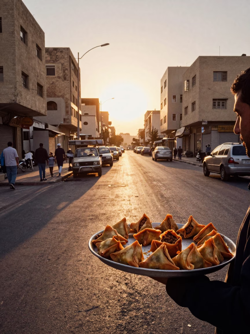 Sunset street scene in Alexandria Egypt with sambusa tray and urban life in in Alexandria, Egypt