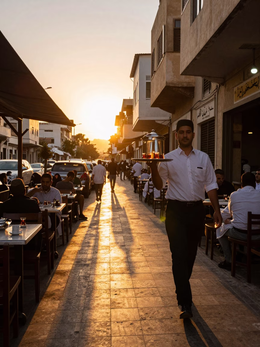 Sunset Street Scene in Alexandria Egypt with Traditional Tea Service and Local Interaction in in Alexandria, Egypt