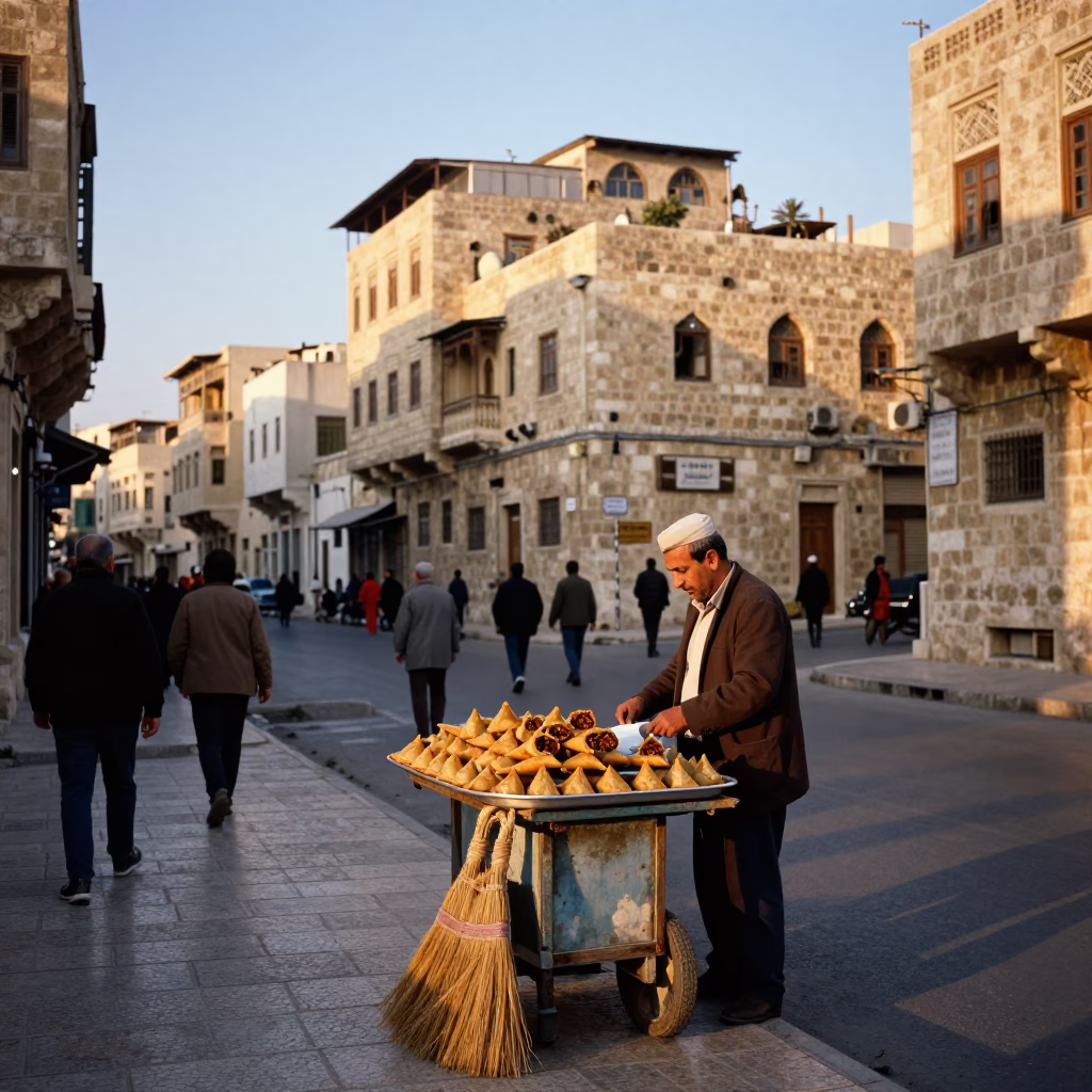 Sunset Street Scene in Amman Jordan with Broom and Sambusa Tray in in Amman, Jordan