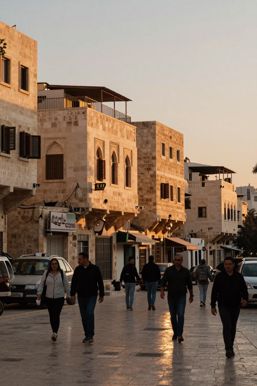 Sunset Street Scene in Amman Jordan with Coffee Mugs and Urban Life in in Amman, Jordan