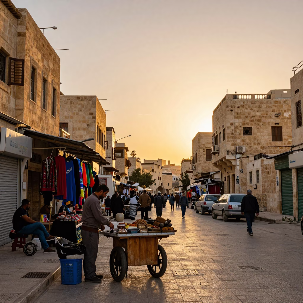 Sunset Street Scene in Amman Jordan with Colorful Vendors and Local Life in in Amman, Jordan