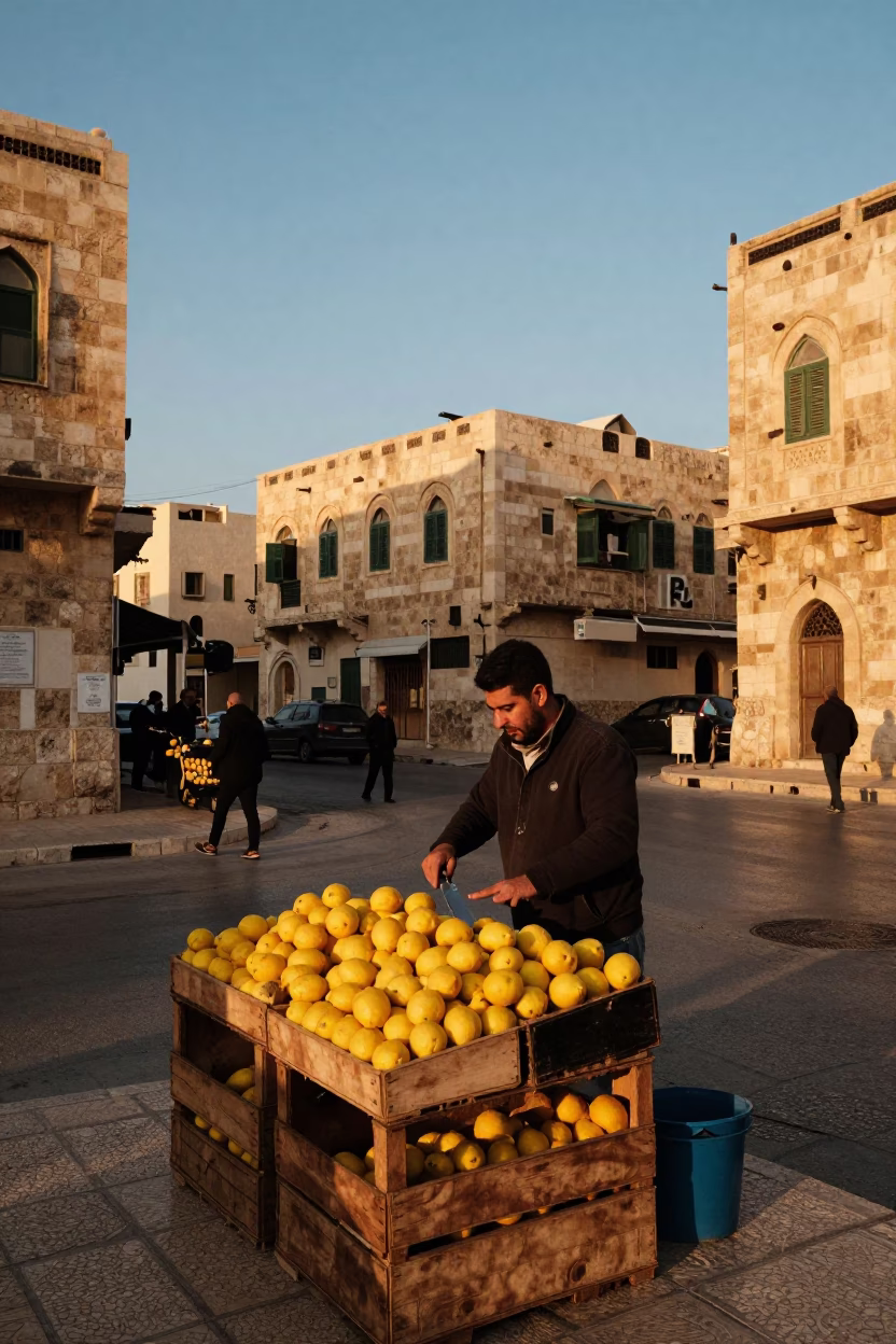 Sunset Street Scene in Amman Jordan with Lemons and Fruit Knife in in Amman, Jordan