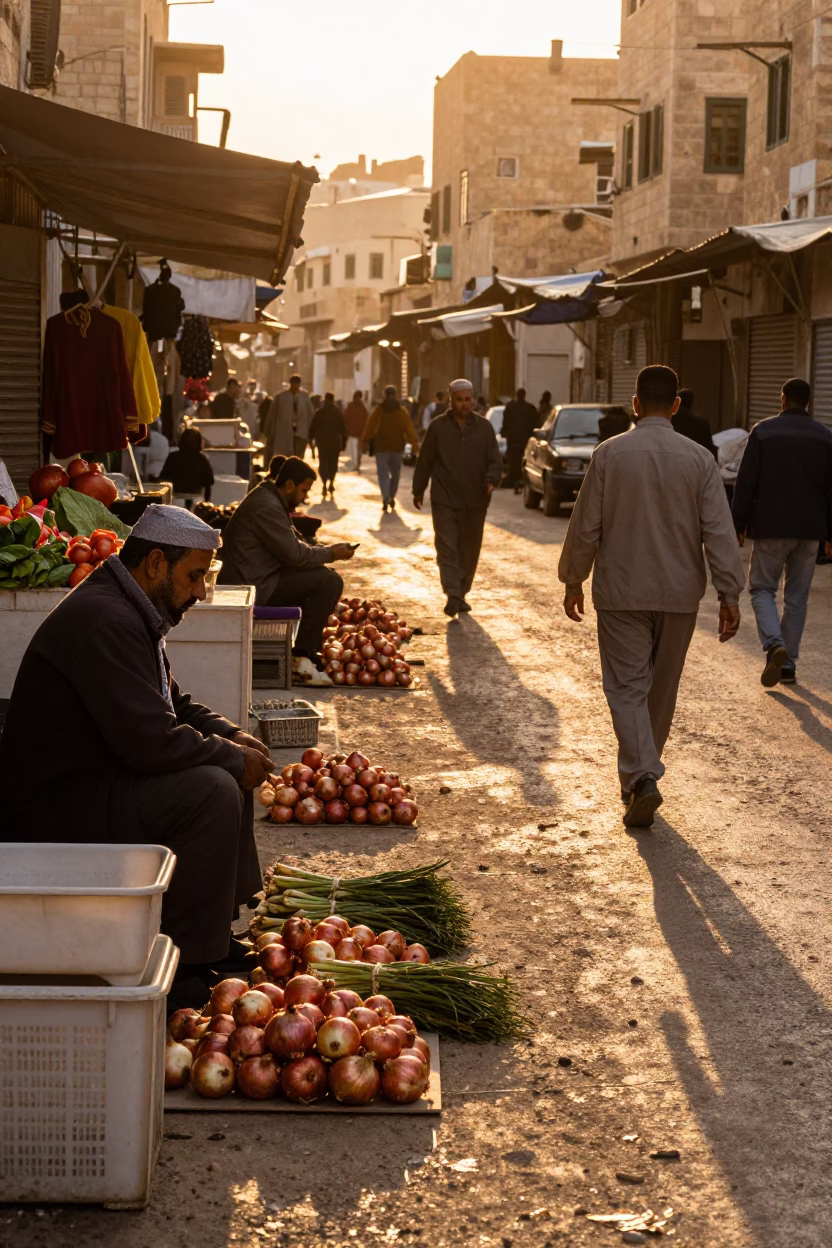 Sunset Street Scene in Amman Jordan with Onions and Traditional Market Life in in Amman, Jordan