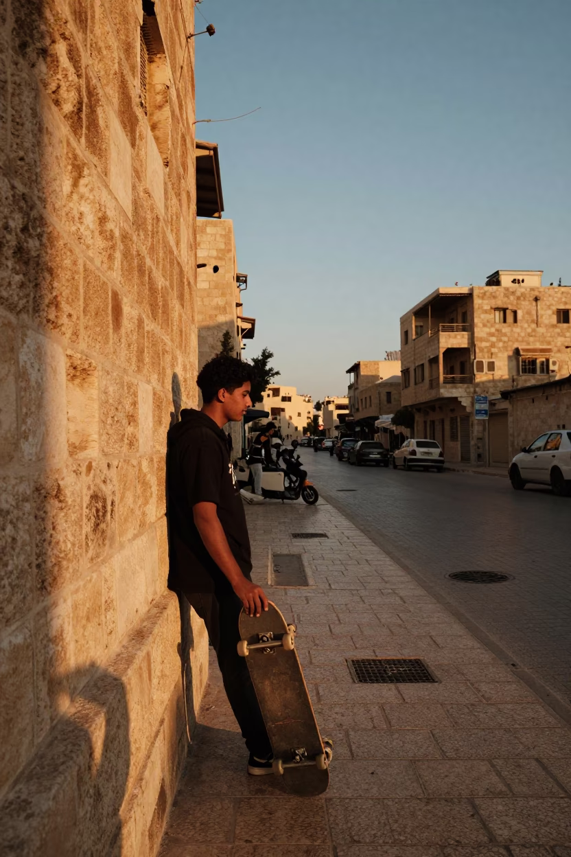 Sunset Street Scene in Amman Jordan with Skateboard and Local Urban Life in in Amman, Jordan