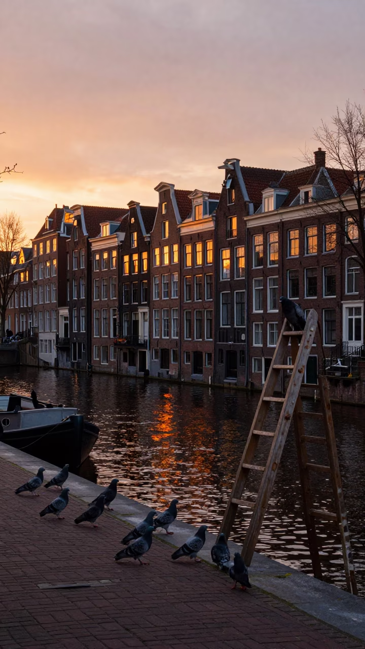 Sunset Street Scene in Amsterdam Netherlands with Pigeons and Wooden Ladder in in Amsterdam, Netherlands