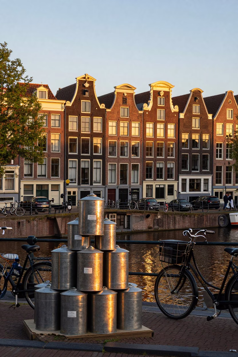 Sunset Street Scene in Amsterdam Netherlands with Vintage Canisters and Canal Houses in in Amsterdam, Netherlands