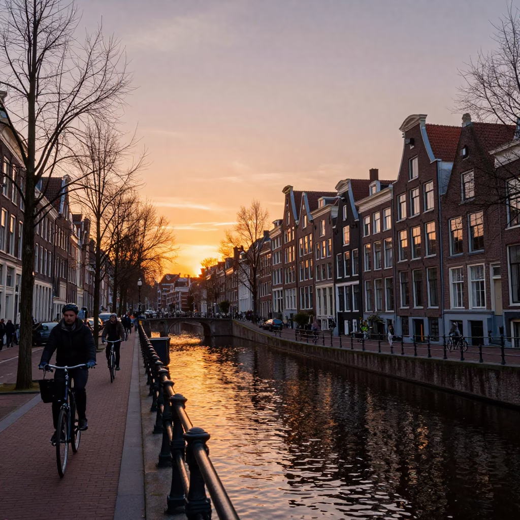 Sunset Street Scene in Amsterdam with Cyclists and Canal Reflections in in Amsterdam, Netherlands